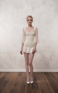 Ethereal Ruched Satin Mini Dress with Sheer Bell Sleeves (Pre-Order)