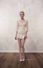 Ethereal Ruched Satin Mini Dress with Sheer Bell Sleeves (Pre-Order)