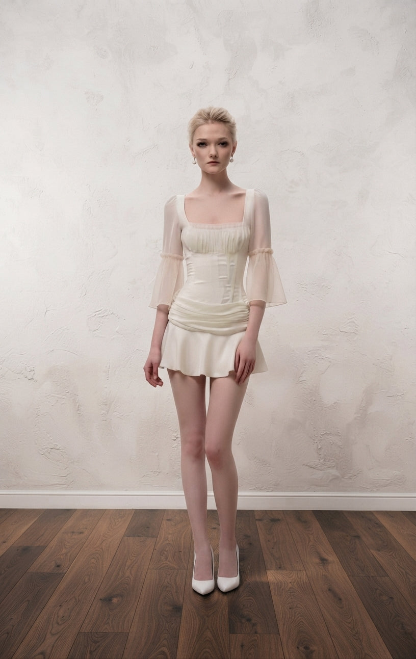 Ethereal Ruched Satin Mini Dress with Sheer Bell Sleeves (Pre-Order)