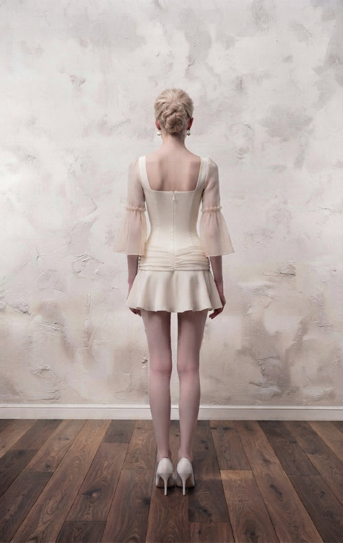 Ethereal Ruched Satin Mini Dress with Sheer Bell Sleeves (Pre-Order)